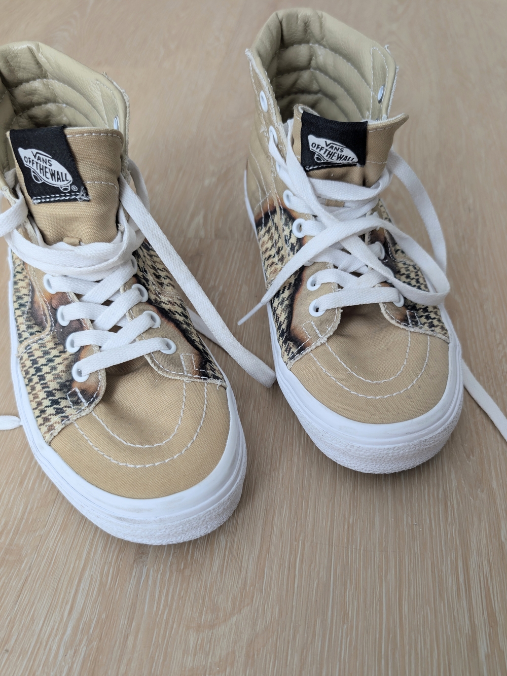 Vans Sk8-Hi Bolt Big Reveal Taupe Tan Houndstooth High Top Sneakers Women Size 8